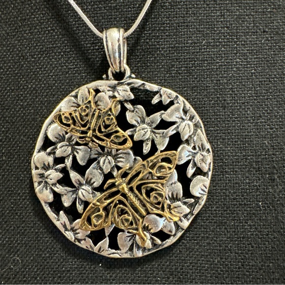 Mixed Metal Butterfly Pendant 2” On Chain - Picture 1 of 7